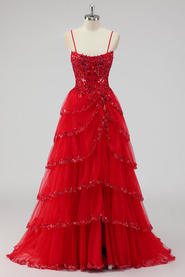 Błyszcząca Ciemno Czerwony Kształcie Litery A Długa Sukienka Na Studniówkę z Rozcięciem